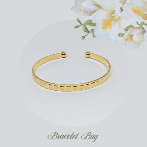Betty – Gold Tone Open Cuff Bracelet with Engraved Squares, 5mm Wide