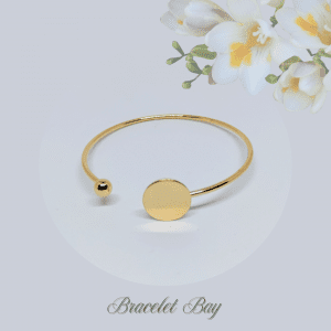 Beatrice – Gold Tone Open Cuff Bracelet with Ring Plate Detail, 1.5mm Wire