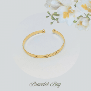 Bettina – Gold Tone Open Cuff Bracelet with Wave and Dot Engraving, 5mm Wide