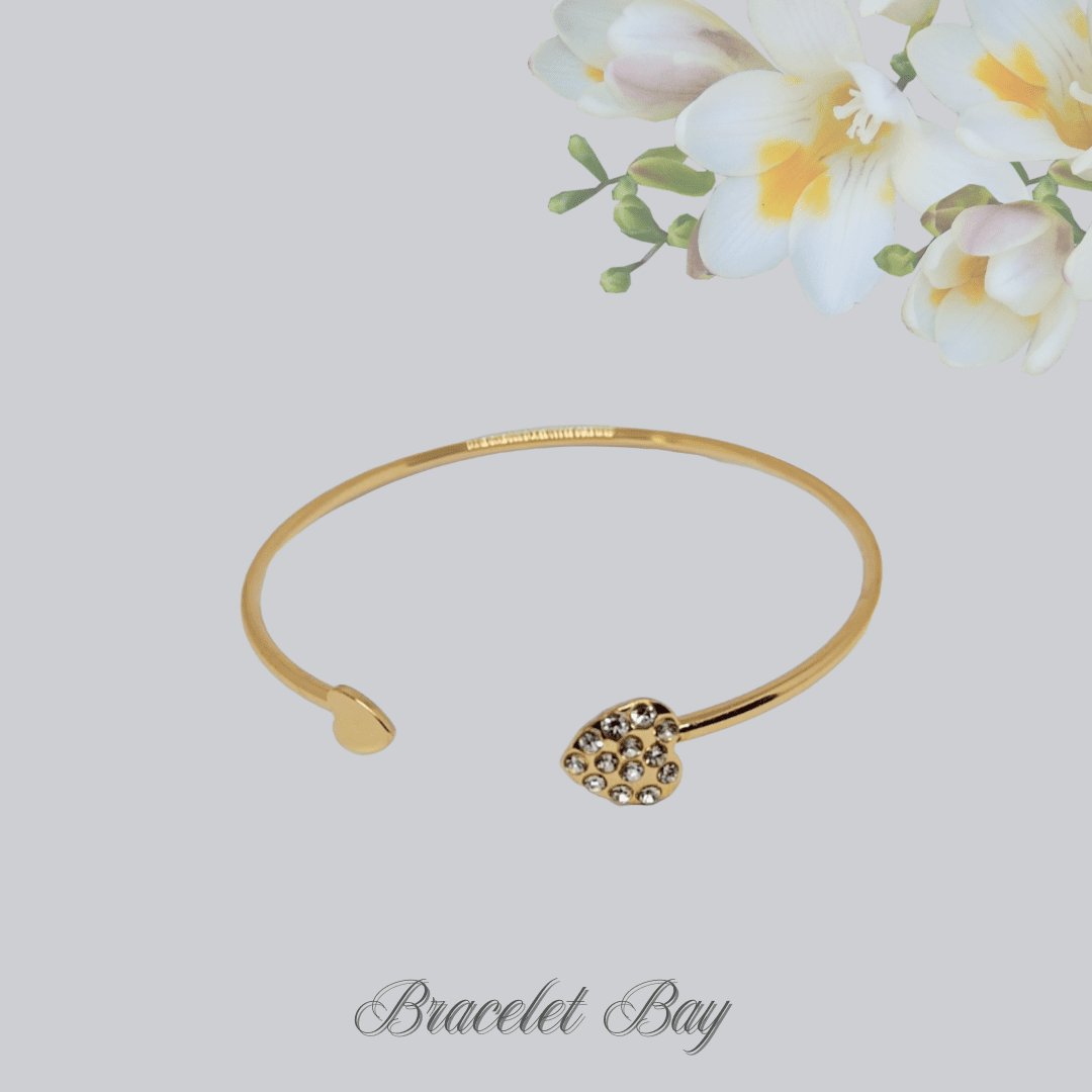 Bonnie – Gold Tone Slim Open Cuff Bracelet with Two Hearts, Wired Design, 18cm Inner Circumference
