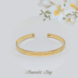 Brenda – Gold Tone Open Cuff Bracelet with Geometric Engraving, 5mm Wide, 18cm Inner Circumference