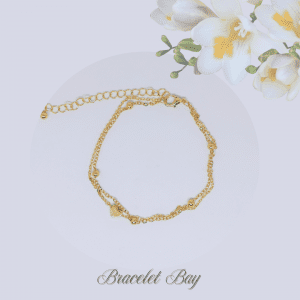 Alexis – Gold Tone Delicate Double Chain Anklet with Beads and Sliding Heart, 22cm + 8.5cm Extension