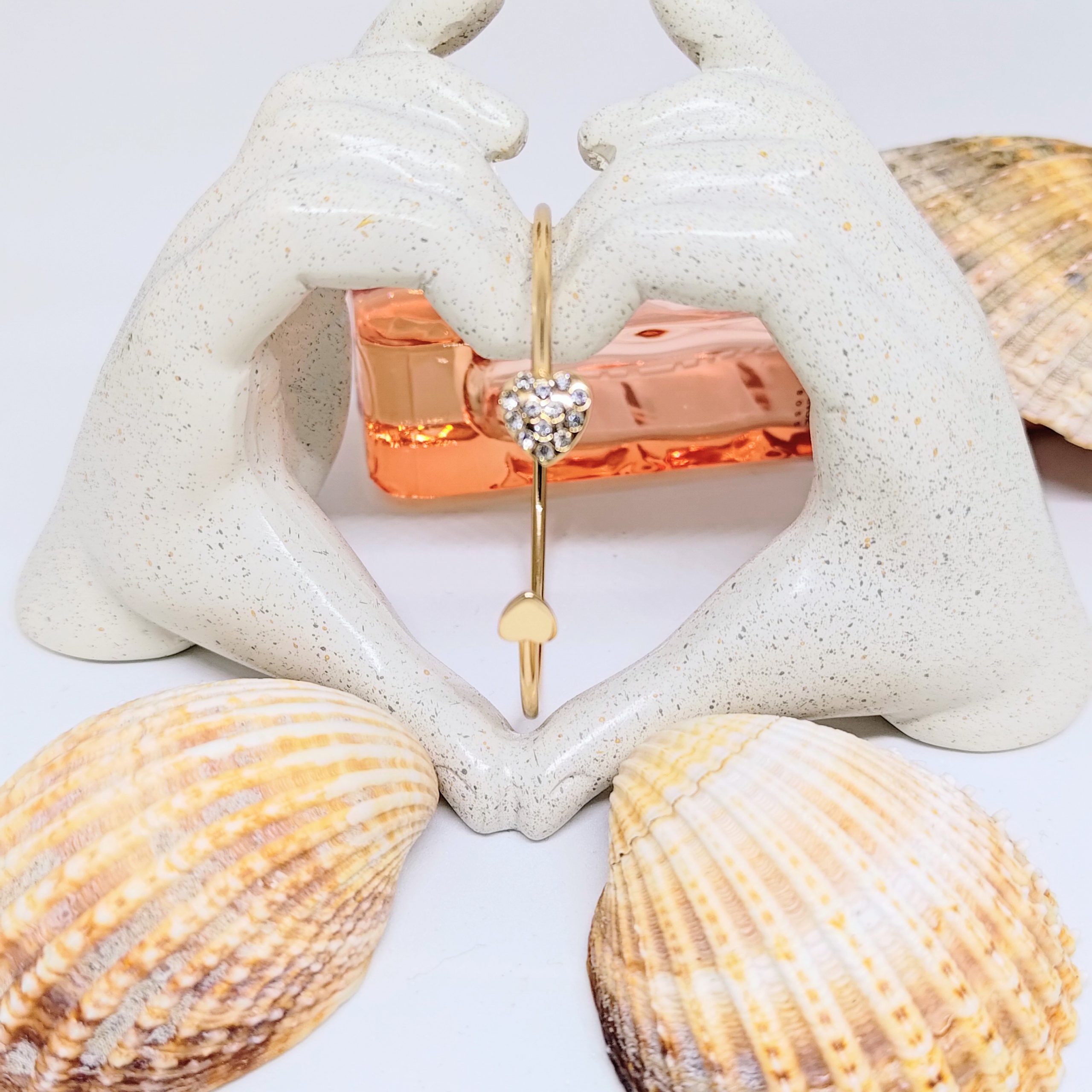 Bonnie – Gold Tone Slim Open Cuff Bracelet with Two Hearts, Wired Design, 18cm Inner Circumference - Image 2