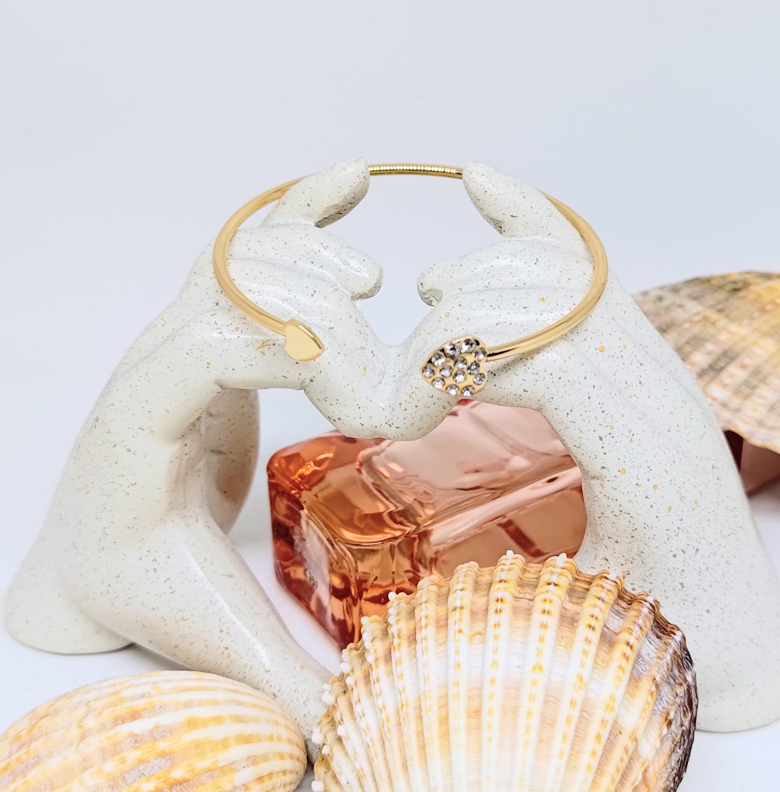 Bonnie – Gold Tone Slim Open Cuff Bracelet with Two Hearts, Wired Design, 18cm Inner Circumference - Image 3